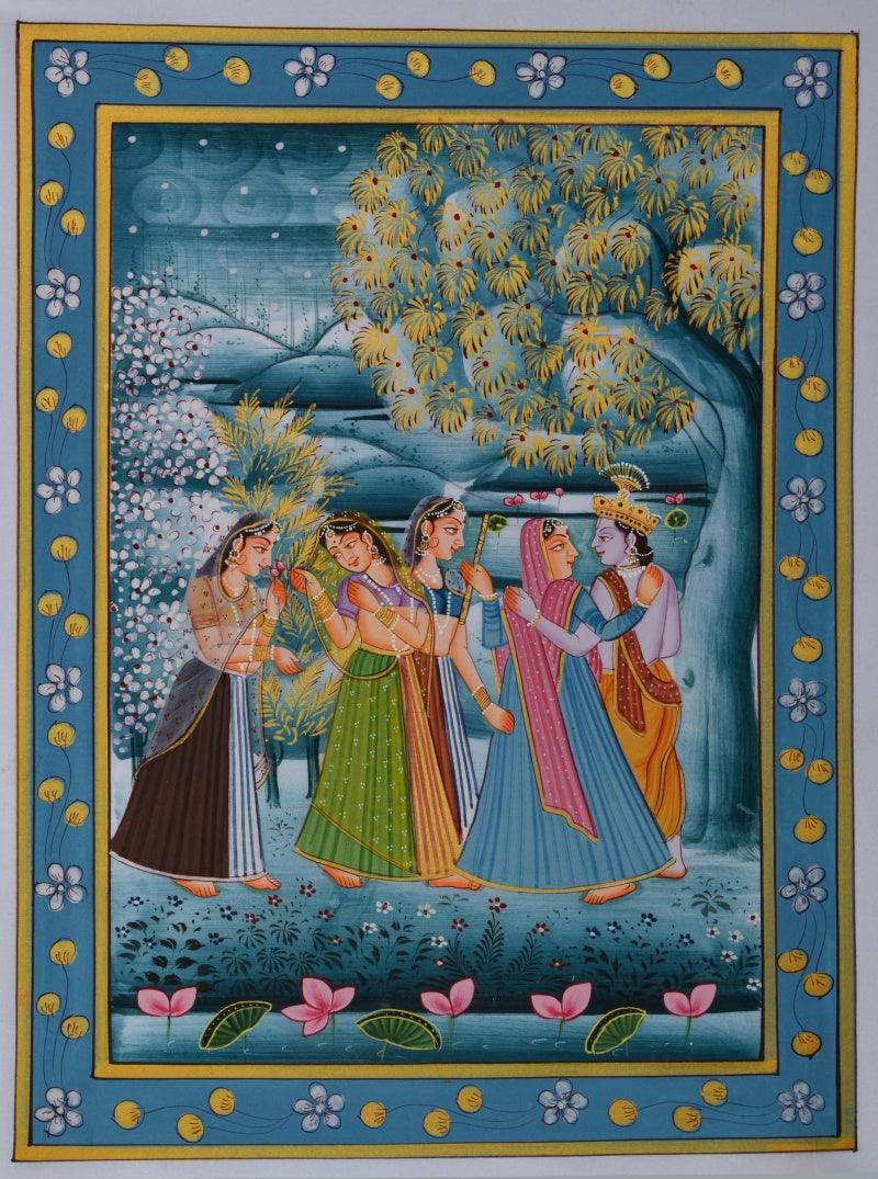 Religious miniature traditional art titled 'Radha Krishna With Gopis In Lawn', 13x9 inches, by artist Unknown on Silk