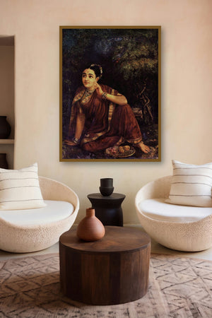Radha Waiting For Krishna In Kunjavan (Longing for Krishna) by artist Raja Ravi Varma displayed in a Designer gallery
