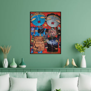 Preview of 'Radhakrishna (Divine Flute Song)' Painting by G Subramanian shown on a wall in a furnished room.