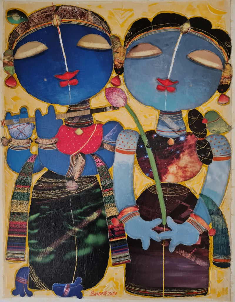 Radhakrishna' religious mixed-media painting by artist G Subramanian, 24x18 inch, on canvas