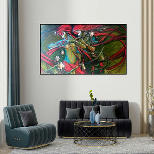 Manoj Das's 'Radha Krishna 6' painting visualized above a sofa in a contemporary room.
