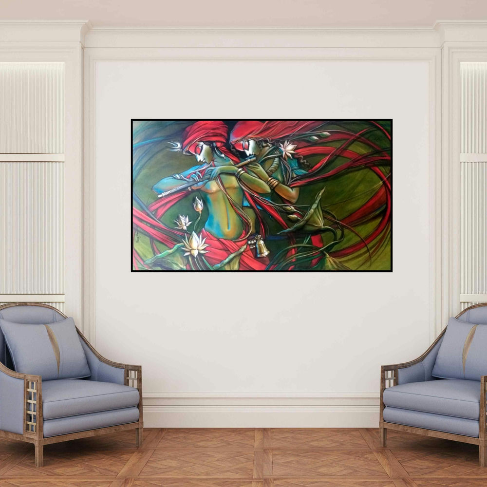 'Radha Krishna 6' painting by Manoj Das shown on a wall in a furnished room.