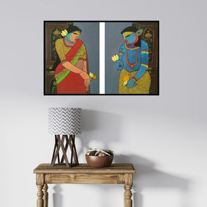In-situ view of Priyanka Chivte's 'Radhakrishna (Diptych) (Divine Lovers)' painting in a room