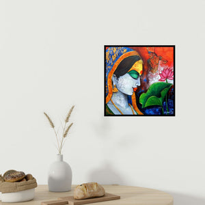 In-situ view of Arjun Das's 'Radhe (Enchanted by the Flute)' painting in a room