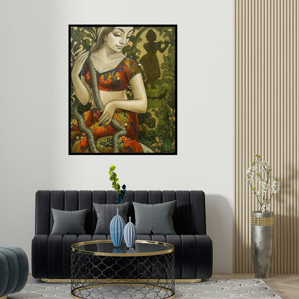 'Radhika 11' painting by Sukanta Das shown on a wall in a furnished room.