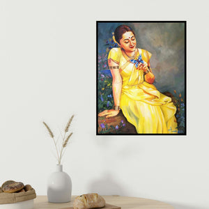 Tamali Das's 'Radhika' painting visualized above a sofa in a contemporary room.