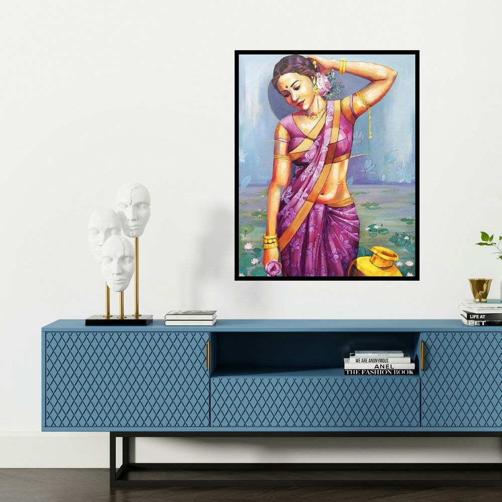 'Radhika (The Lotus Maiden)' painting by Tamali Das shown on a wall in a furnished room.