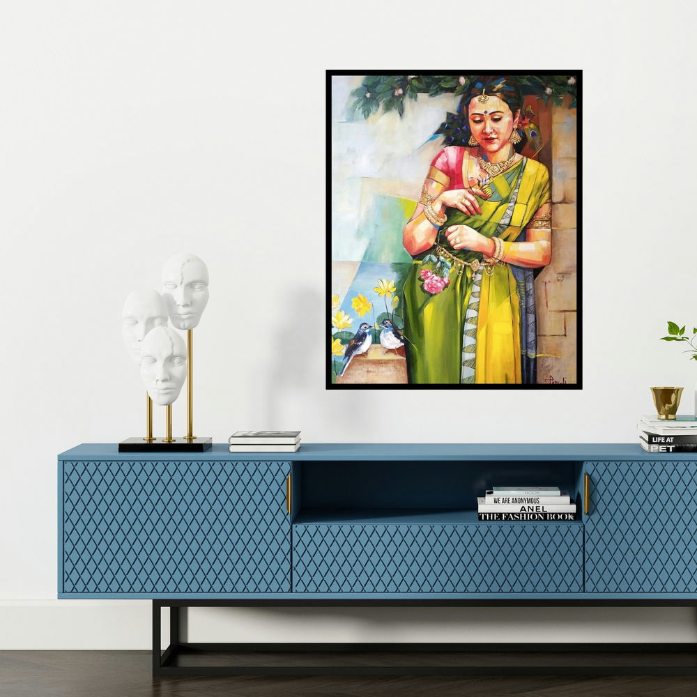 'Radhika' painting by Tamali Das shown on a wall in a furnished room.