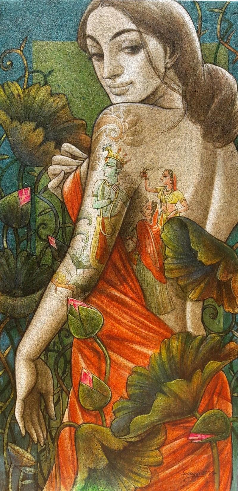 Figurative mixed media painting titled 'Radhika 6', 48x24 inches, by artist Sukanta Das on Canvas