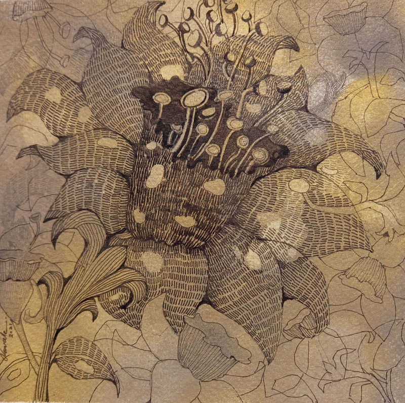 Radient Gold' nature mixed-media painting by artist Yogesh Powale, 7x7 inch, on paper