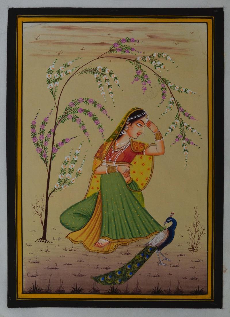 Figurative miniature traditional art titled 'Ragini Playing With Peacock', 11x8 inches, by artist Unknown on Silk