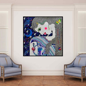 In-situ view of Ravi Kattakuri's 'Ragini (Stylized Portrait of a Woman with Moon and Birds)' painting in a room