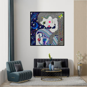 Preview of 'Ragini (Stylized Portrait of a Woman with Moon and Birds)' Painting by Ravi Kattakuri shown on a wall in a furnished room.