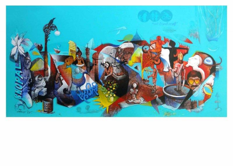 Landscape acrylic painting titled 'Rahagiri Day', 72x36 inches, by artist Mahesh Pal Gobra on canvas