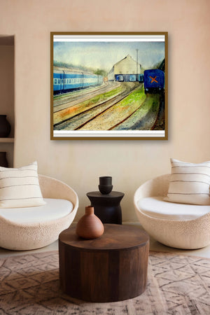 Railway Station (Iron Horse Haven) by artist Biki Das displayed in a Museum Style gallery