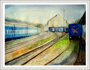 Railway Station (Iron Horse Haven) by Biki Das, Original Watercolor Cityscape Painting on Paper, Medium Horizontal Wall Art