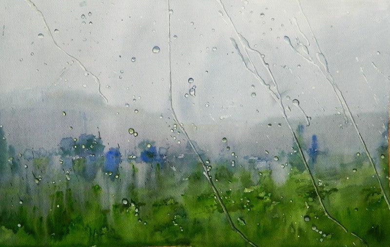 Cityscape watercolor painting titled 'Rain On Glass Pane', 14x20 inches, by artist Bijay Biswaal on Arches Paper