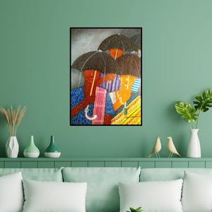 Preview of 'Rainey Season' Painting by V V Swamy shown on a wall in a furnished room.
