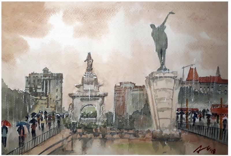 Cityscape watercolor painting titled 'Raining At Hutatma Chowk Mumbai', 7x11 inches, by artist Arunava Ray on Paper