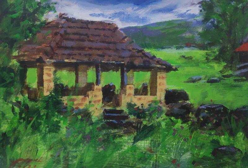 Landscape acrylic painting titled 'Rains', 8x10 inches, by artist Ritesh Jadhav on Paper