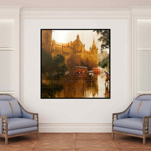 In-situ view of Bhuwan Silhare's 'Rainy City I' painting in a room