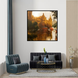 Preview of 'Rainy City I' Painting by Bhuwan Silhare shown on a wall in a furnished room.