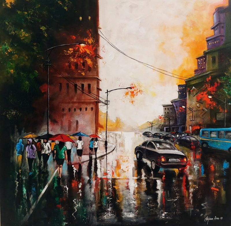 Cityscape acrylic painting titled 'Rainy Day 10', 30x30 inches, by artist Arjun Das on Canvas