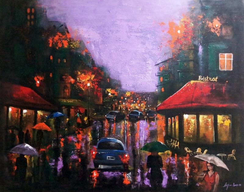 Cityscape acrylic painting titled 'Rainy Day 6', 24x30 inches, by artist Arjun Das on Canvas