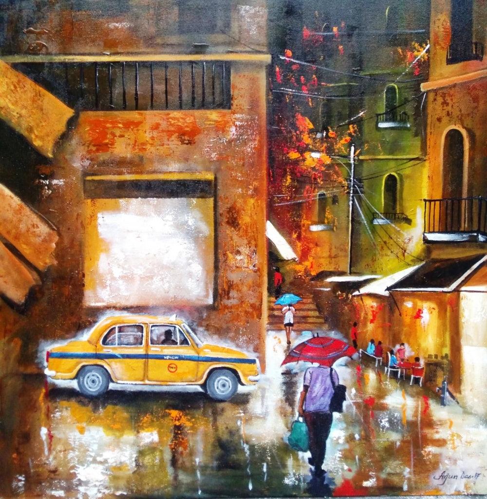 Cityscape acrylic painting titled 'Rainy Day 7', 30x30 inches, by artist Arjun Das on Canvas