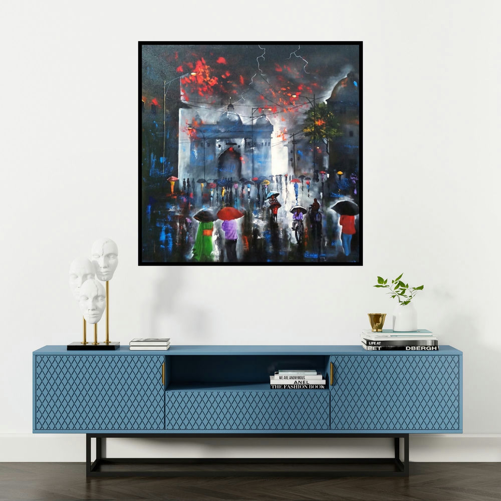 'Rainy Day 8' painting by Arjun Das shown on a wall in a furnished room.