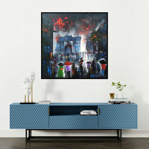 'Rainy Day 8' painting by Arjun Das shown on a wall in a furnished room.