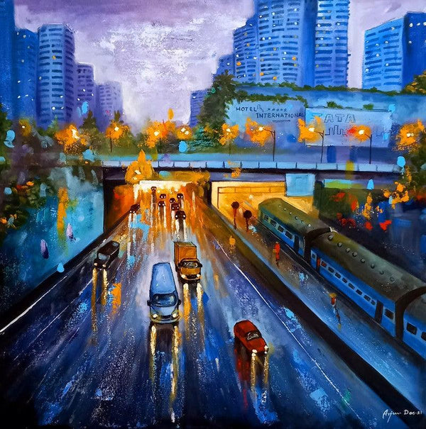 Rainy Day In City Painting by Arjun Das | ArtZolo.com