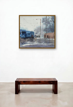 Rainy Day In Kolkata (Blue Rhapsody) by artist Jiaur Rahman displayed in a Japandi Reception Area