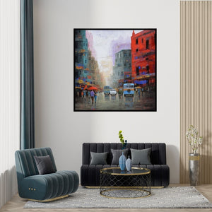 Preview of 'Rainy Day In Kolkata' Painting by Purnendu Mandal shown on a wall in a furnished room.
