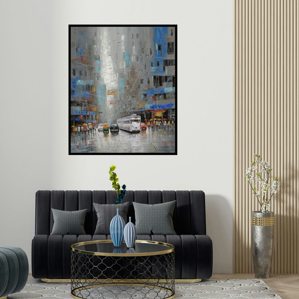 'Rainy Day In Kolkata' painting by Purnendu Mandal shown on a wall in a furnished room.
