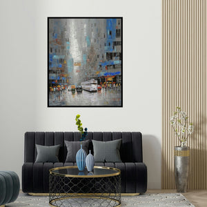 'Rainy Day In Kolkata' painting by Purnendu Mandal shown on a wall in a furnished room.