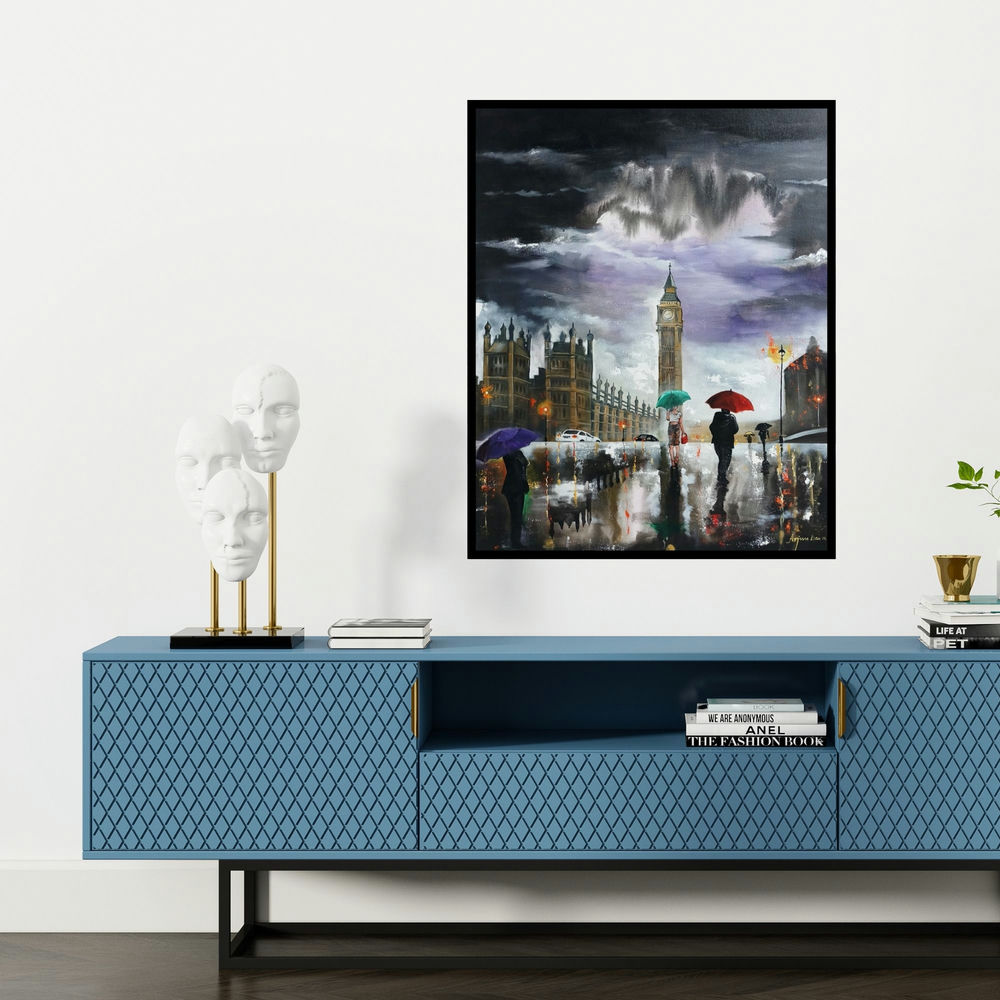 'Rainy Day In London (London in the Rain)' painting by Arjun Das shown on a wall in a furnished room.