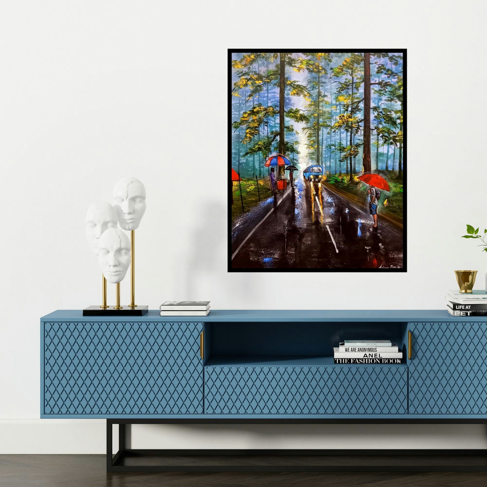 'Rainy Day In Uttrakhand' painting by Arjun Das shown on a wall in a furnished room.