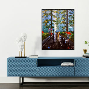 'Rainy Day In Uttrakhand' painting by Arjun Das shown on a wall in a furnished room.