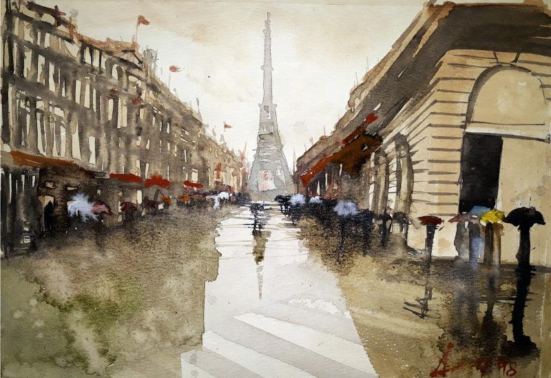 Cityscape watercolor painting titled 'Rainy Days In Paris', 8x11 inches, by artist Arunava Ray on Paper