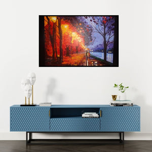 Preview of 'Rainy Night' Painting by Shikha Poddar shown on a wall in a furnished room.