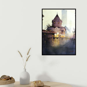 Atul Gendle's 'Rainy Season' painting visualized above a sofa in a contemporary room.