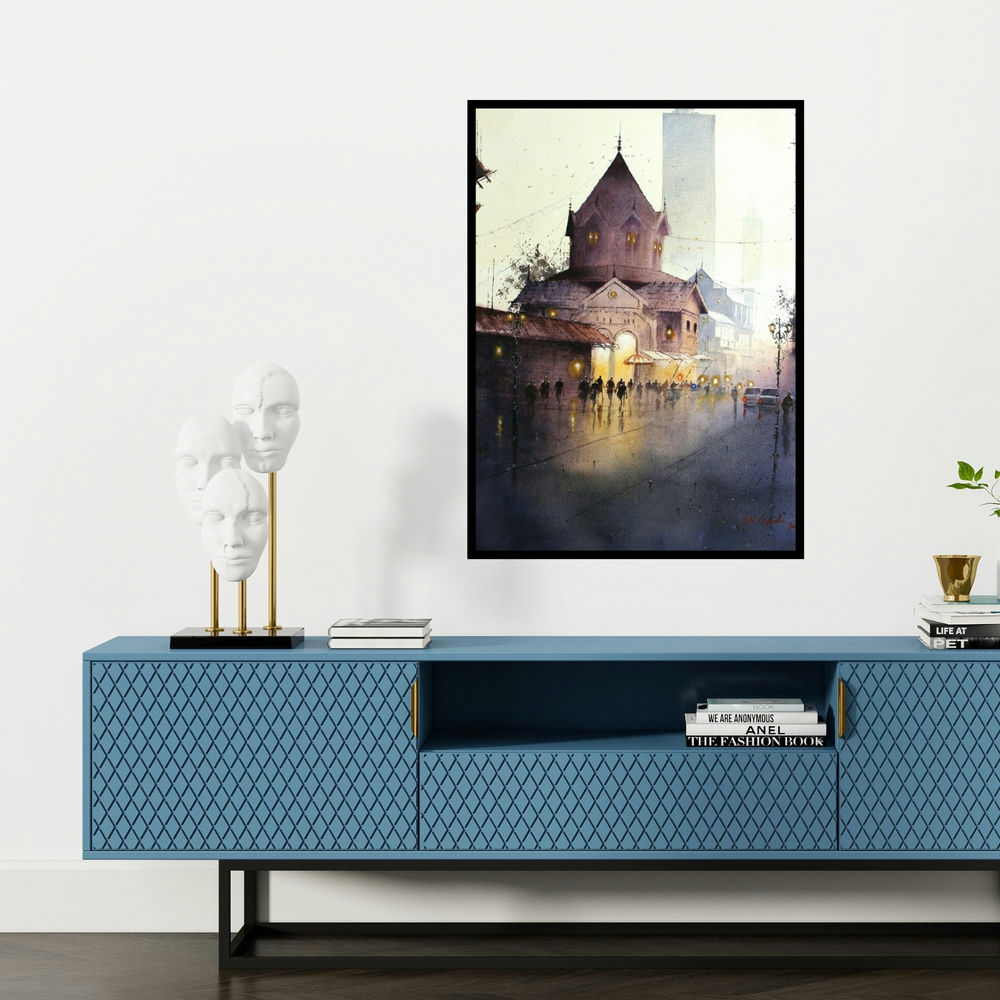 'Rainy Season' painting by Atul Gendle shown on a wall in a furnished room.