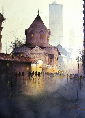 Cityscape watercolor painting titled 'Rainy Season', 30x22 inches, by artist Atul Gendle on Paper