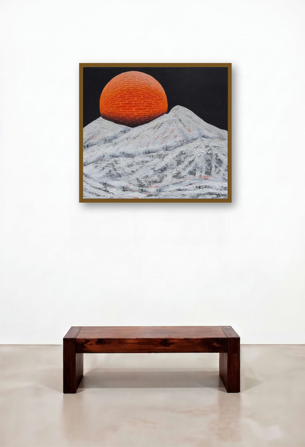 Raising (Crimson Moonrise) by artist Mamoon Nomani displayed in a Mid-Century Modern Living Room
