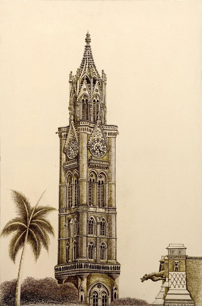 Cityscape ink drawing titled 'Rajabai Clock Tower Bombay University', 24x36 inches, by artist Aman A on Canvas