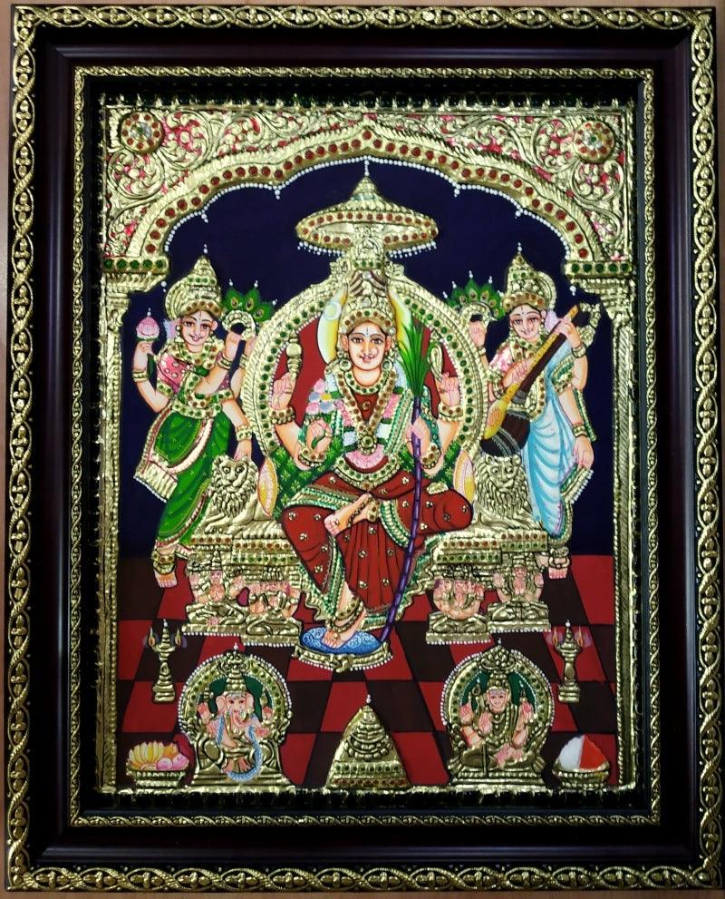 Religious tanjore traditional art titled 'Rajarajeshwari Tanjore Painting 1', 15x12 inches, by artist VANI VIJAY on Plywood
