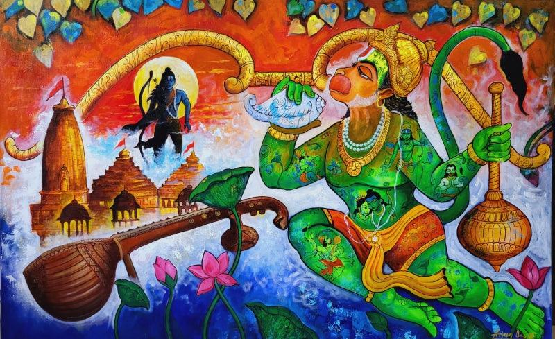 Religious acrylic painting titled 'Ram Bhakt Hanuman', 48x72 inches, by artist Arjun Das on Canvas