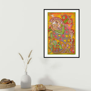 Jyoti Bhatt's 'Ram Ram (Divine Invocation)' painting visualized above a sofa in a contemporary room.