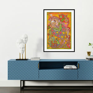 'Ram Ram (Divine Invocation)' painting by Jyoti Bhatt shown on a wall in a furnished room.